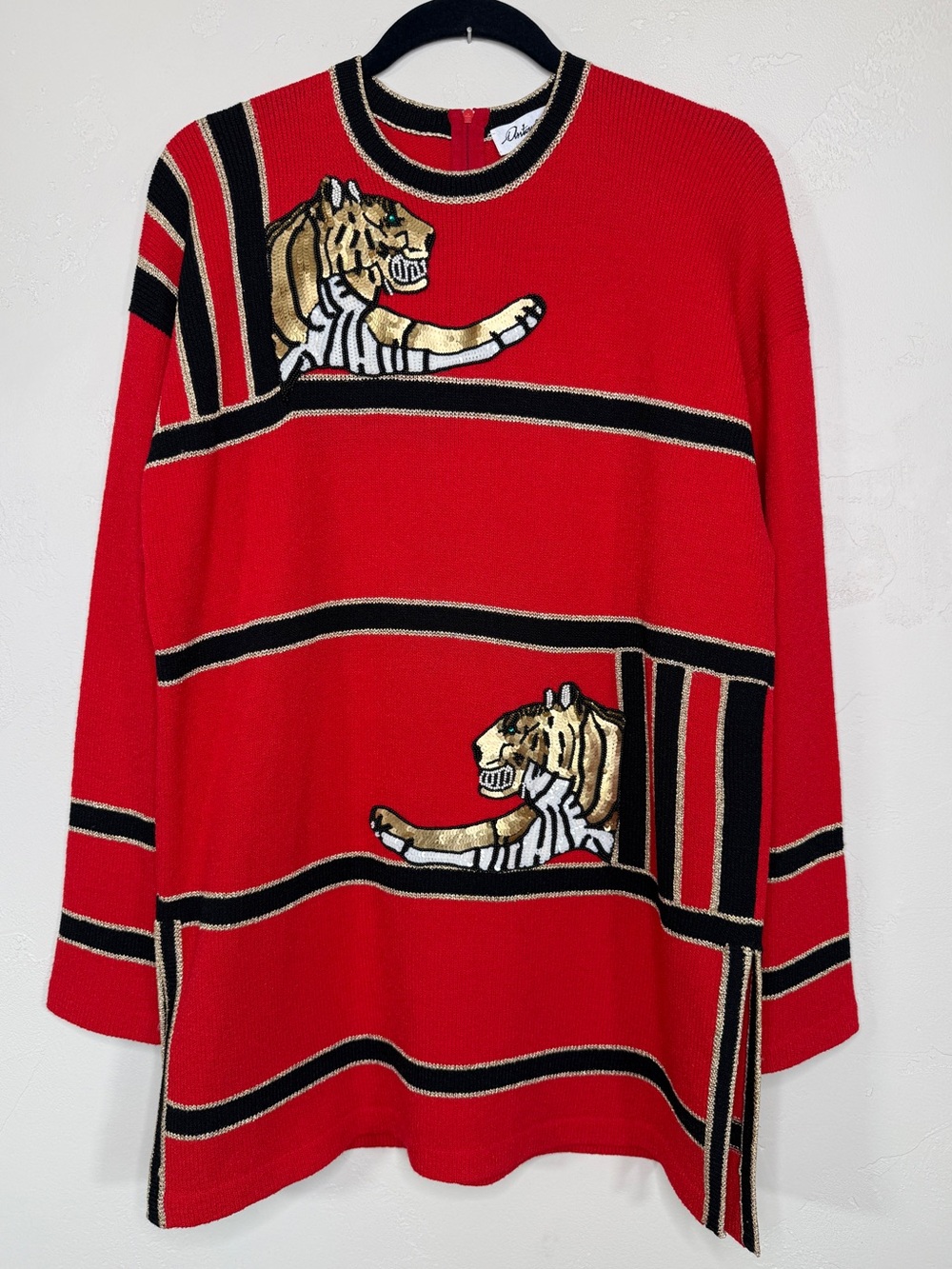 Vintage Antonella Preve New York Embellished Sequin Bead Tigers Tunic Sweater